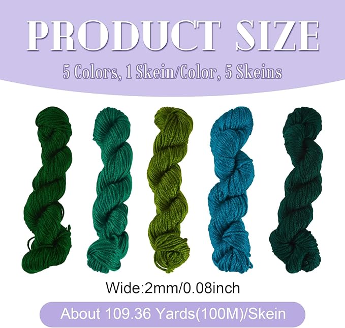 Cheriswelry 5 Skeins Acrylic Fiber Yarn for Weaving Knitting Crochet 2mm Green Theme Soft Craft Sewing Cord Threads Multicolor Skeins Yarn kit for Beginners Adults