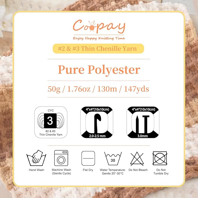 Coopay Skinny Chenille Yarn for Crocheting and Knitting, 12 Pack of 50g/1.76oz - 1764yd Total, Soft Velvet Yarn of Baby Weights - Suitable for Baby Blankets, Plush Toys - Super Soft (Brown Gradient)