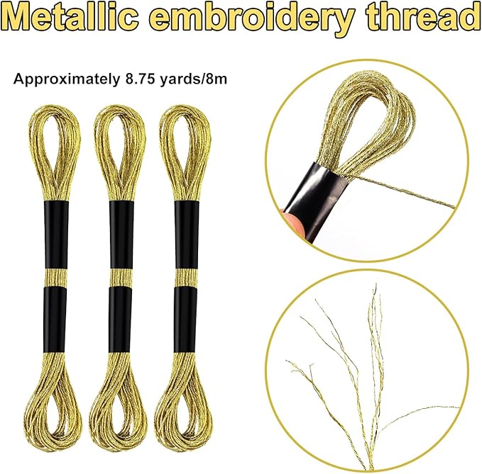 6 Skeins Embroidery Threads, Metallic Embroidery Floss Friendship Bracelet Cross Stitch Thread for Sewing Making Yarn Accessories Craft String Art Supplies (Gold)