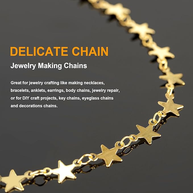 KYUNHOO 16.4 Feet Gold Chains for Jewelry Making Flat Star Link Chain for Necklace Ankle Brass Jewelry Chain Spool Gold Chain Bulk with Lobster Clasps and Jump Rings