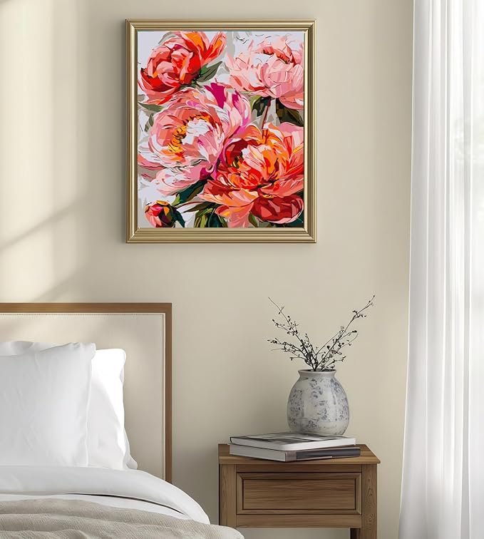 Peony Floral Paint by Numbers Kit for Adults Beginners,Flower Adult Paint by Number Kits On Canvas, DIY Acrylic Oil Painting Kits for Beginners, Color by Number Adult for Home Wall Decor 16x20Inch