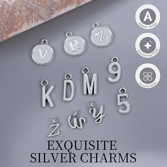 LEOBRO Letter Charms, 376 Pcs Silver Charms for Keychain Making, Bracelet Necklace Charm & Jump Rings, Jewelry Making Supplies, Silver