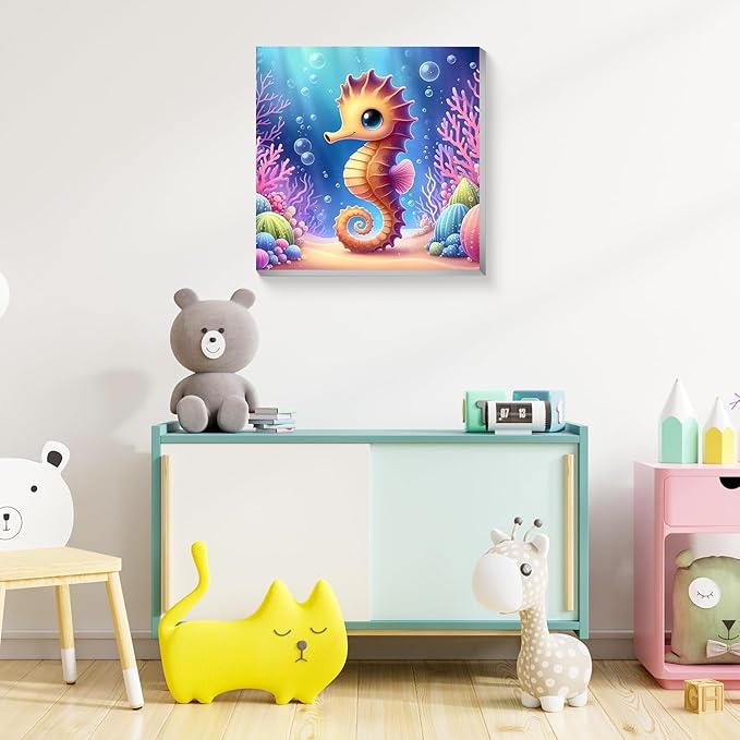 Reivworl Paint by Numbers Kit for Kids with Frame and Easel, Seahorse Paint by Number for Kids Age 6-8-12, Paint by Numbers Kits for Gifts and Home Decor - 8X8Inch