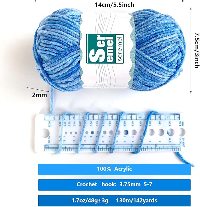 2 Pcs （2 * 48g/2 * 142yards） Crochet/Knitting Rainbow Yarn,Multicolor Variegated 100% Acrylic Yarn,Crochet Yarn for Beginners,Soft Yarn for Crocheting Blanket and Handicraft Mini Project (Sky Blue)