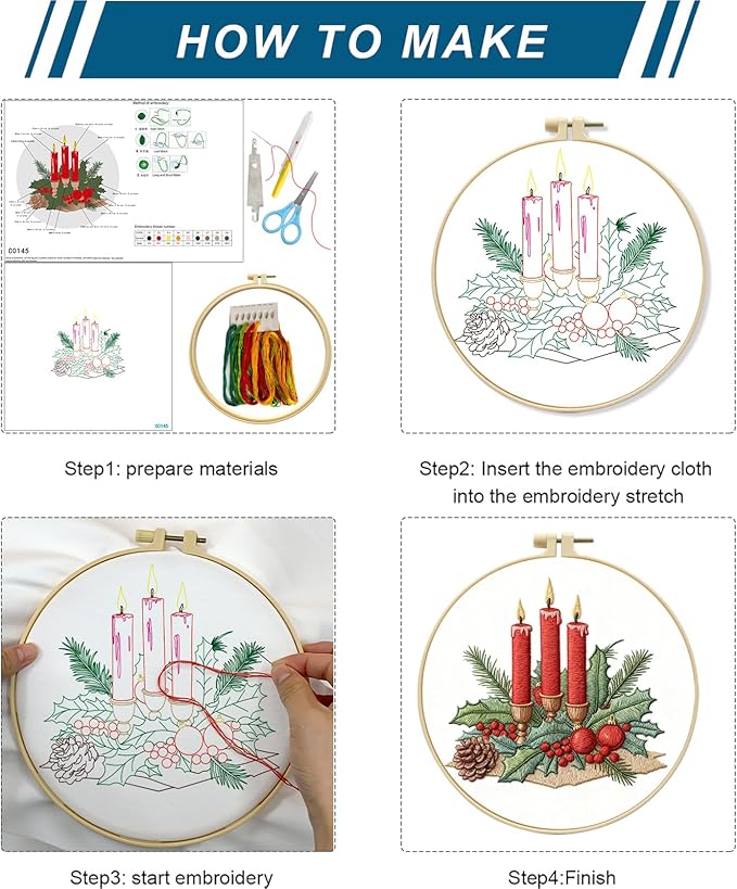 Zhenqing 4 Christmas Designs Embroidery Kit for Beginners, 4-Pack Pre-Printed 29x29cm Fabric with 20cm Hoop, Threads & Tools for Hand Embroidery - Snowman, Santa, Fireplace, Candles(C0183)