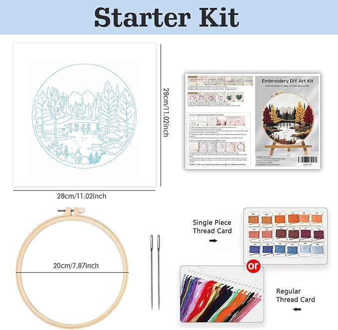 ZuoAnLF Embroidery Kit for Beginners – Complete Hand Embroidery Starter Set with Hoop, Pattern Cloth, Color Threads & Needles, DIY Embroidery Set for Relaxation, Home Décor & Unique Gifts (lakescape)