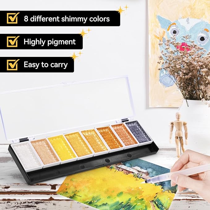 LIGHTWISH Metallic Waterolor Paints,8 Shimmery Gold Colors, Artist Glitter Solid Watercolors with 1 Water Brush Pen for Artists, Students and Painting Beginners
