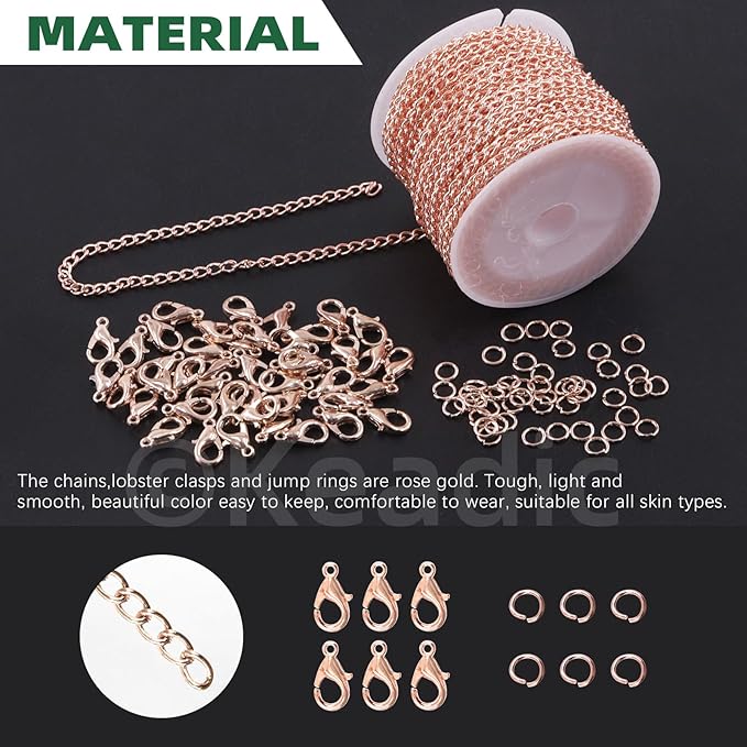Keadic 102Pcs 30 Feet Jewelry Making Chains Kit W 3mm Metal Necklace Twisted Links Chain, Lobster Clasps, Open Jump Rings and Jewelry Pliers for Bracelet Earring Anklet DIY (Rose Gold)