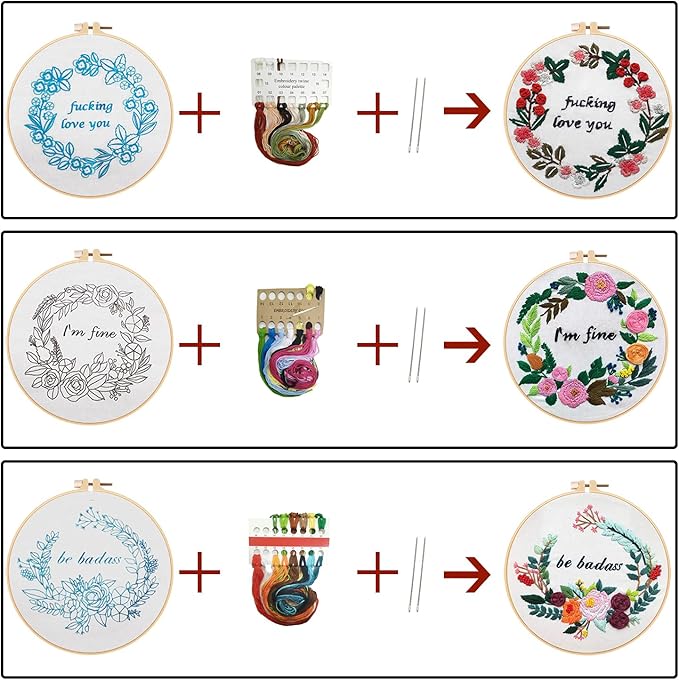 Nuberlic 3 Pack Funny Embroidery Kit, Handmade Cross Stitch Starter Kit for Beginners Adults