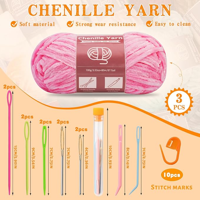LUNARM Chenille Yarn for Crocheting Knitting, 3 Skein 263 Yard Thick Soft Chunky Fluffy Weaving Plush Yarn for Blankets Clothes Pattern Creations with Big Eye Needles (Pink)