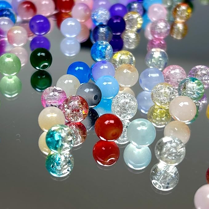 300pcs 8mm Glass Beads, Assorted Glass Beads for Jewelry Making, Colorful Round Spacer Crackle Bead Kit for Bracelet Necklace DIY Craft