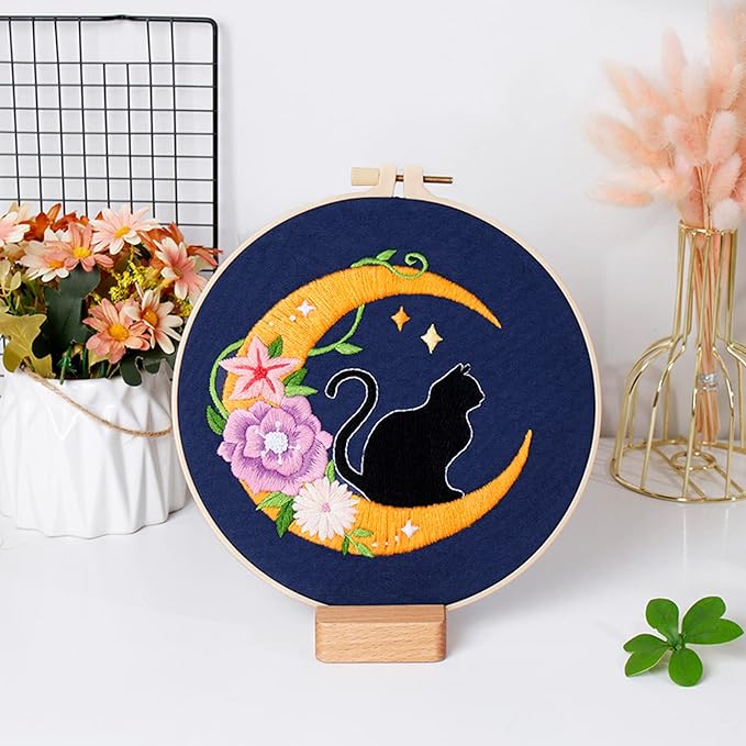 Louise Maelys Cat Moon Embroidery Kits for Beginners with Floral Pattern,Adults Starter Cross Stitch Kit DIY Needlepoint