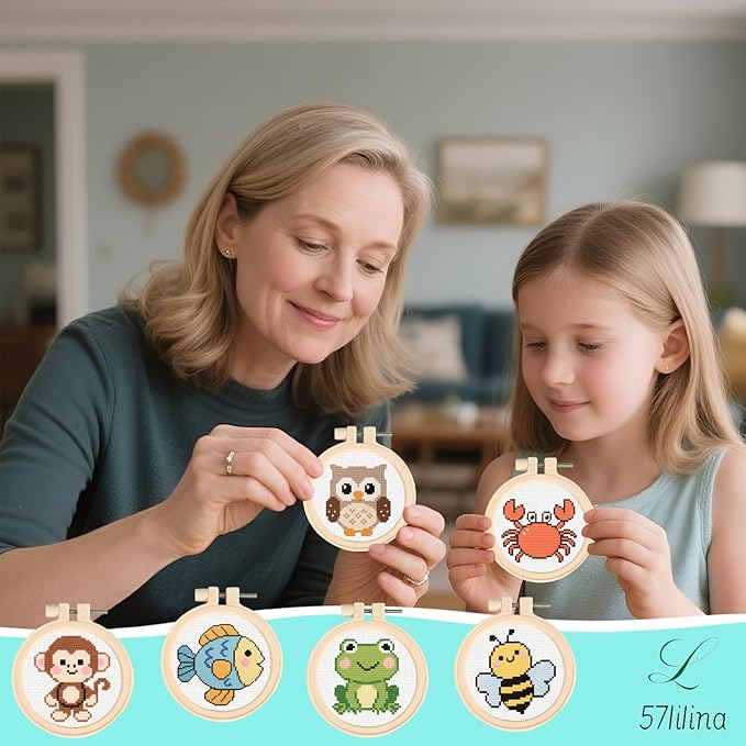 57lilina Cross Stitch Kits for Kids - 6 Set Easy Beginners Embroidery Kit for Kids, DIY Cute Pre Printed Stamped Crossstitch Needlepoint Patterns Craft for Backpack Charms, Keychains & Girls Gifts
