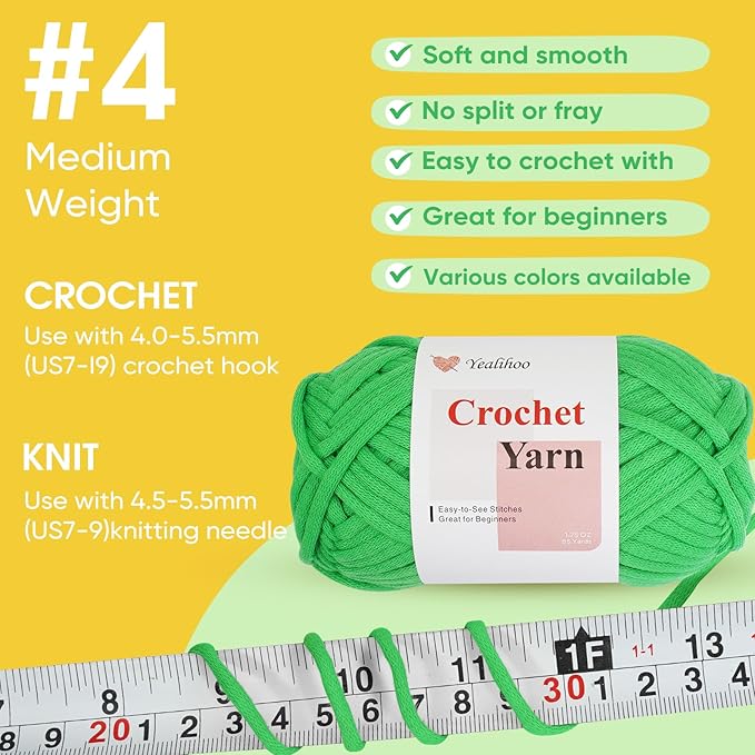 Crochet Yarn for Beginners, 3 Skeins × 1.75 oz Beginner Yarn for Crocheting & Knitting, Amigurumi Easy Yarns, Dinosaur Crochet Kit, Easy-to-See Stitches, Worsted Medium # 4, Cotton-Nylon Blend