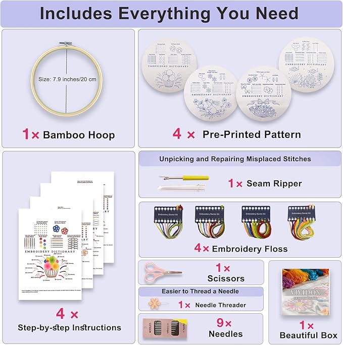 VIVIDOX 4 Sets Embroidery Kit for Beginners with Stitch Video, Cross Stitch Kits for Adults, Hand Craft Lover, Starters Easy Practice with Stamped Pattern, Hoop, Needles, Scissors, Tools & Instruction