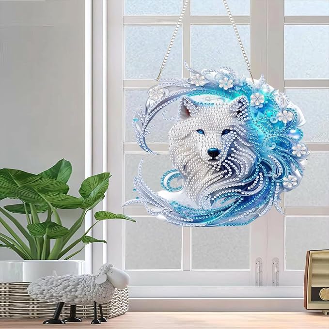 AIBOERL Diamond Art Hanging Kit for Adult,Special Shaped Rhinestone,Double Sided 5D DIY Acrylic Diamond Art Painting Window Pendants Home Garden Wall Hanging Kits Hanging Ornament (Wolf)