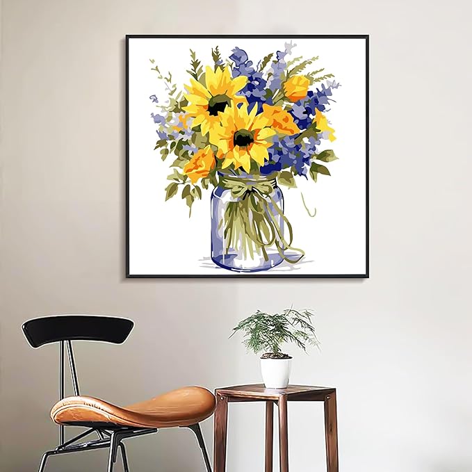 Yezavesu Flower Framed Paint by Numbers Kit for Adults Beginner & Kids Ages 8-12, Flowers Paint by Number Without Easel, DIY Adult Paint by Numbers Sunflower for Home Wall Decor Gift 10x 10 inch
