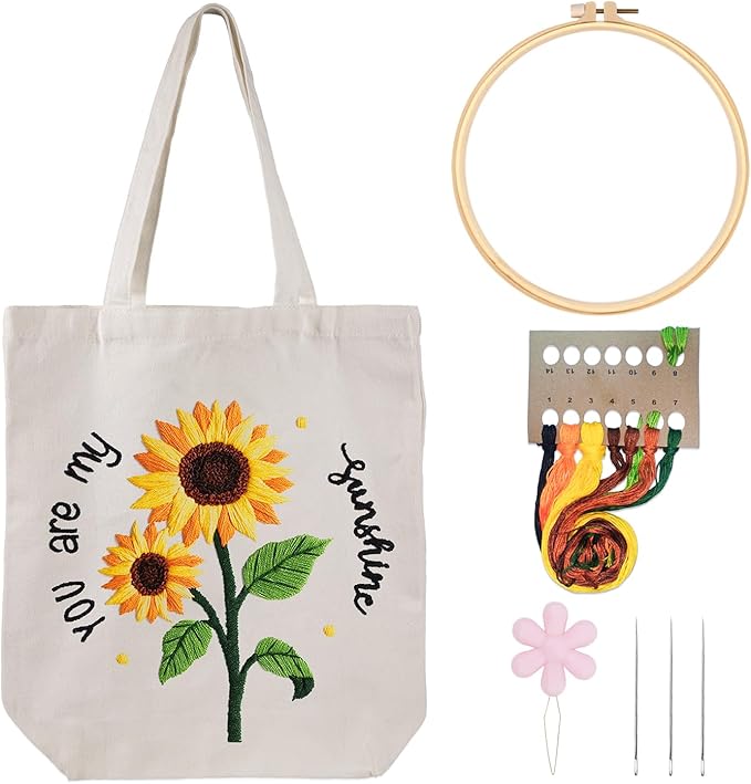 louise maelys embroidery kit canvas tote bag for beginners,cross stitch kits for adults,arts and diy crafts needlepoint with sunflower pattern,women shopping reusable grocery bags