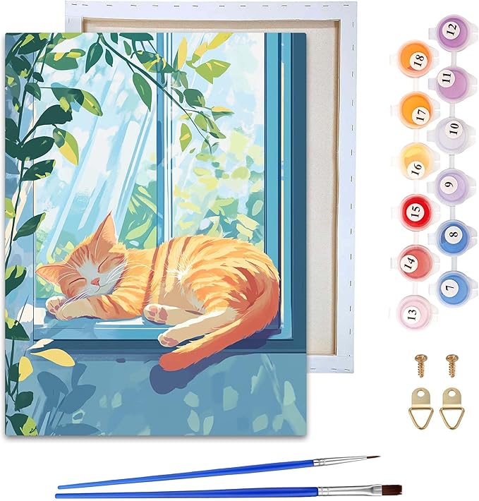 Reofrey Framed Paint by Numbers Kit for Adults & Beginner - 8x12 Inch Canvas Cat Animal Paint by Numbers - Educational & Creative Art Set for Beginners - Perfect for Home Wall Decoration C1977