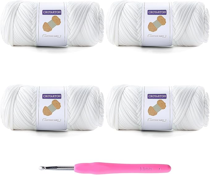 4 Pack Tshirt Yarn for Crocheting, Elastic T Shirt Spaghetti Thick Knitting Yarn Total Length 260 Yds for Crochet Bag Baskets Home Decor with 1 Crochet Hook (4-White)