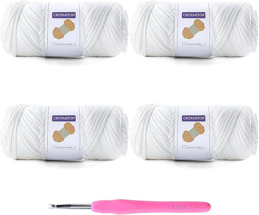4 Pack Tshirt Yarn for Crocheting, Elastic T Shirt Spaghetti Thick Knitting Yarn Total Length 260 Yds for Crochet Bag Baskets Home Decor with 1 Crochet Hook (4-White)