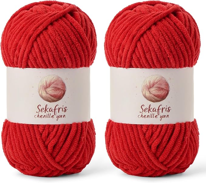 2 Pack Chunky Chenille Yarn for Crocheting, Baby Yarn for Crocheting Soft Blanket, 174.9 yds /7 oz Crochet Yarn, Bulky 5 Amigurumi Yarns, Fluffy Velvet Yarns for Knitting Crafts (2 Red)