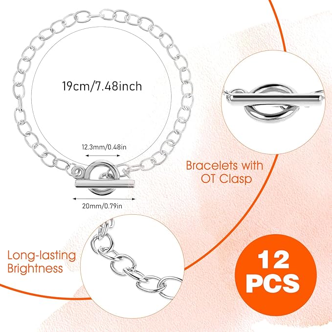 Prasacco 12 Pcs Chains Bracelets for Jewelry Making, Chain for Women, Link Chain Bracelets with OT Toggle Clasp, Charm Bracelets for Jewelry Making (Silver)