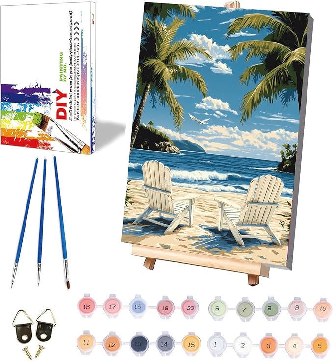 xackcme Beach Paint by Numbers for Adults with Framed Canvas - with Wooden Easel, Landscape Paint by Number on Canvas, DIY Acrylic Oil Painting Kits with Brushes for Home Wall Decor (8x12 inch)