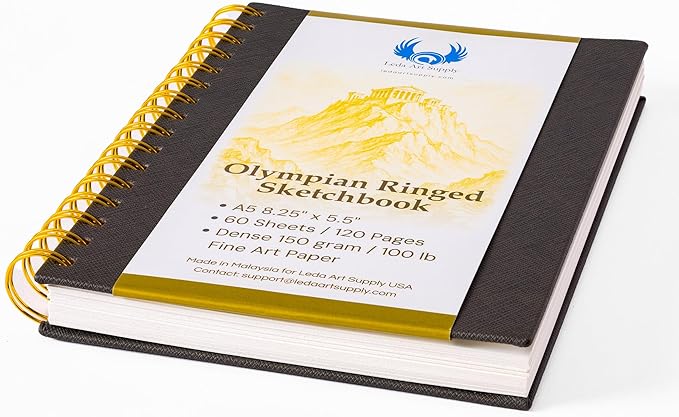 Olympian Ringed Sketchbook, A5 Size 5.5 x 8.25 inches, Gold Metal Ring Binding Lays Flat, 60 Sheets, 150 GSM Fine Art Paper for Artists, Ideal for Pencil, Ink, Watercolor, Leda Art Supply (Pack 1)