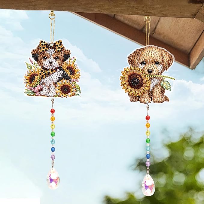 LazyFold 2 Pcs Diamond Painting Wind Chime Kits,Cute Puppy DIY Diamond Art Painting Wind Chime Kits Crystal Art Suncatchers for Adults Home Garden Window Craft Gift