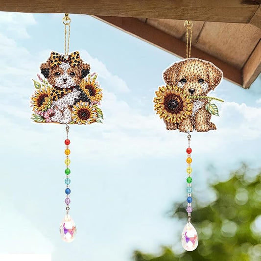LazyFold 2 Pcs Diamond Painting Wind Chime Kits,Cute Puppy DIY Diamond Art Painting Wind Chime Kits Crystal Art Suncatchers for Adults Home Garden Window Craft Gift