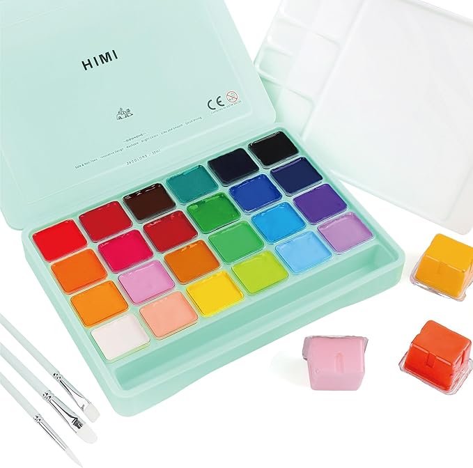 HIMI Gouache Paint Set 24 Vibrant Colors Non Toxic Paints Jelly Cup Design with Palette Paint Brushes Portable for Artist Canvas Painting Watercolor Papers, Rich Pigment, 30ml/Cup