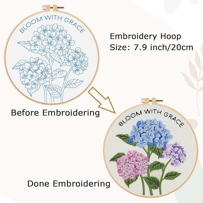 Nuberlic Hydrangea Embroidery Kits for Beginner Adults Cross Stitch Kit with Stamped Pattern Include Cloth Hoops Threads Needles