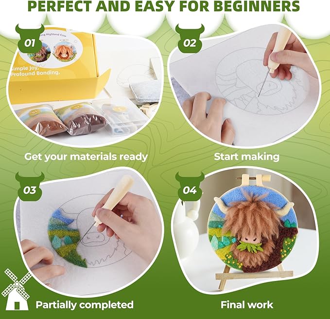 Needle Felting Kit,Embroidery kit for Beginners,Punch Needle Kits Adults Beginner,Punch Needle kit for Beginners, Includes All Tools and Materials,Easy to Follow Instructions and Videos(Highland Cow)
