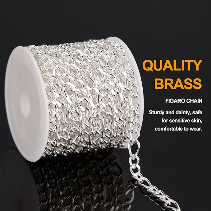 KYUNHOO 13 FT/4M Silver Plated Jewelry Chain Roll Figaro Curb Links Necklace Chains Bulk with Lobster Clasps Jump Rings for Women Men Making Jewelry Crafts