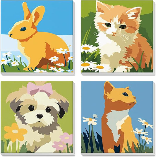 NEWENMO 4 Pack Paint by Number for Kids with Wooden Frame, Cute Rabbit, Cat, Dog Paint by Numbers for Kids Ages 8-12, Animal, DIY Acrylic Oil Painting for Beginners for Home Wall Decor 8X8 inch