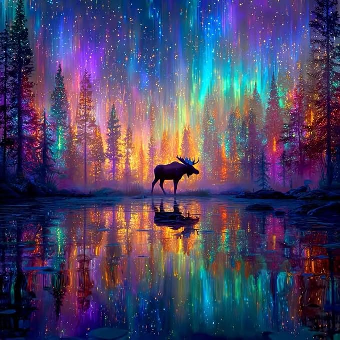 SHICERNHJ Sky Aurora Diamond Art Kits for Adults Beginner,5D Full Drill Diamond Dots for Deer Under Aurora，DIY Round Diamond Painting Kits Gem Art for Crafts Adult Home Decor 14 X 14 Inch
