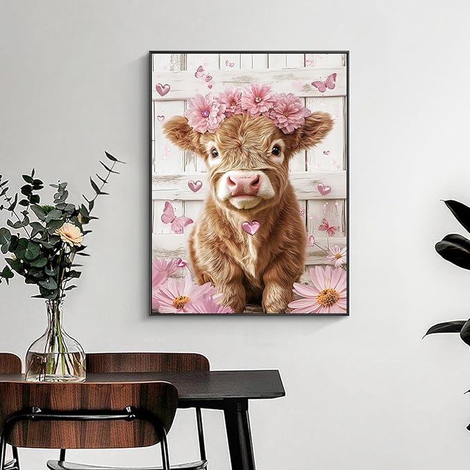 Yezavesu Highland Cow Diamond Art Kits for Adults, Cute Pink Cow 5D Diamond Painting Kit for Beginners, DIY Round Full Drill Painting with Gem Art Craft Kits for Home Wall Decor 12x 16 Inch