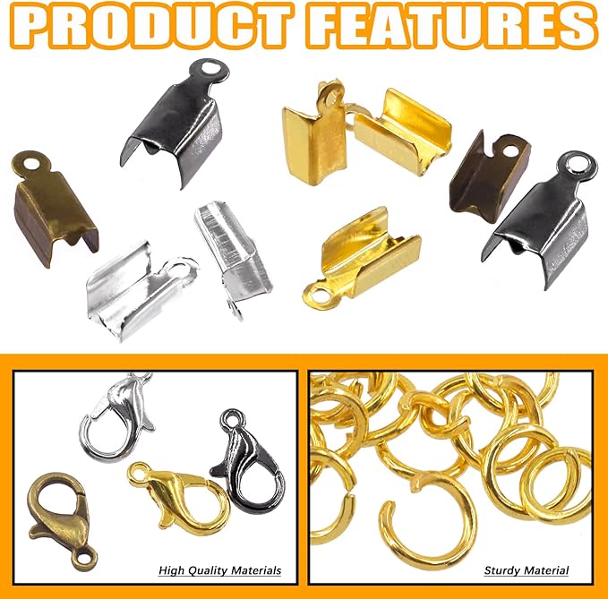 Rustark 1521Pcs Fold Over Cord End Jewelry Findings Kit with Open Jump Rings Lobster Claw Clasps Pliers Tool Assortment for DIY Jewelry Making