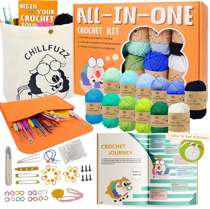 ChillFuzz Crochet Kit for Beginners 85 Piece Complete Crochet Set with Yarn, Hooks, Pattern Book – Beginner Crochet Kit for Adults & Kids with Tutorials, Great Gift for Craft Lovers Blue Green