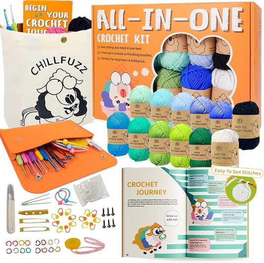 ChillFuzz Crochet Kit for Beginners 85 Piece Complete Crochet Set with Yarn, Hooks, Pattern Book – Beginner Crochet Kit for Adults & Kids with Tutorials, Great Gift for Craft Lovers Blue Green