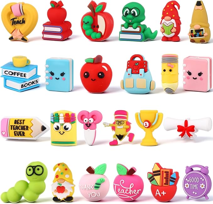 24 Pcs 3D Silicone Focal Beads Pens Beads Bulk for Beadable Keychain DIY Crafts Necklace Bracelet Phone Chain Charms Jewelry Making (Teachers' Day)