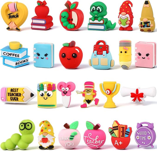 24 Pcs 3D Silicone Focal Beads Pens Beads Bulk for Beadable Keychain DIY Crafts Necklace Bracelet Phone Chain Charms Jewelry Making (Teachers' Day)