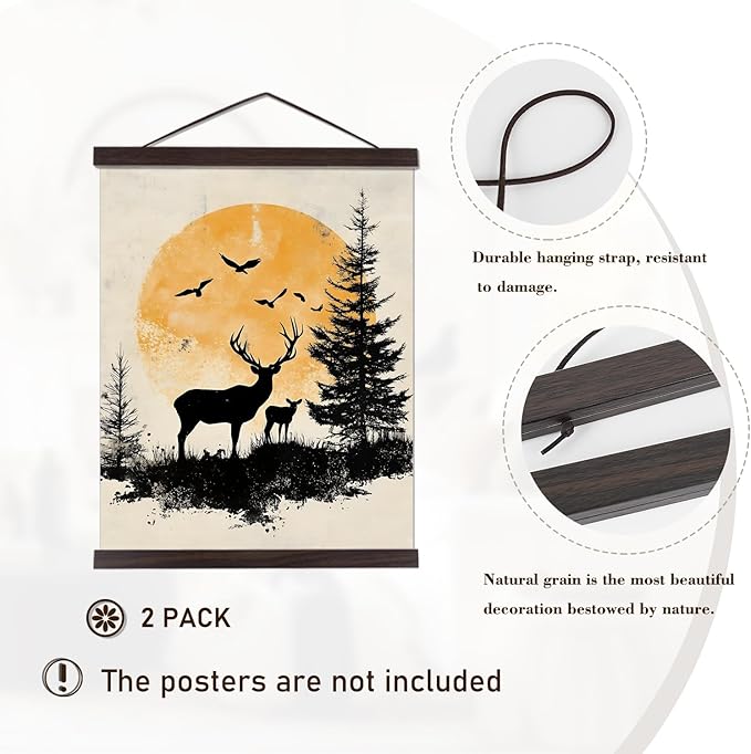 2 Pack Magnetic Poster Hanger Frame, 30x40 30x20 30x24 Light Wood Wooden Magnet Canvas Artwork Print Dowel Poster Hangers Frames Hanging Kit (Walnut, 30", 2 Packs)