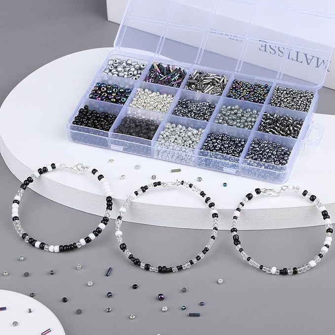 DUQGUHO Black Beads for Bracelet 4mm Black Glass Seed Beads Kit 15 Color 3mm 2mm Small Plastic Tube Bead for Jewelry Making Craft DIY