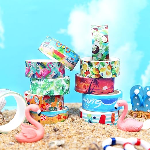 Summer Washi Tape Set,12 Rolls Hawaii Beach Holiday Decorative Tape Flamingo Tropical Leaves Coconut Watermelon Pineapple Masking Tape for Journaling Supplies, Gift Wrapping, DIY Art&Crafts