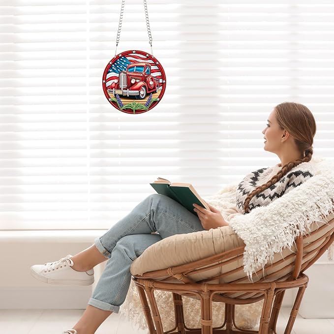 DIY Diamond Painting Hanging Kit – Independence Day Car Acrylic Pendant with 5D Special Shaped Rhinestones, Patriotic Wall or Door Decor, Handmade July 4th Gift for Art Lovers