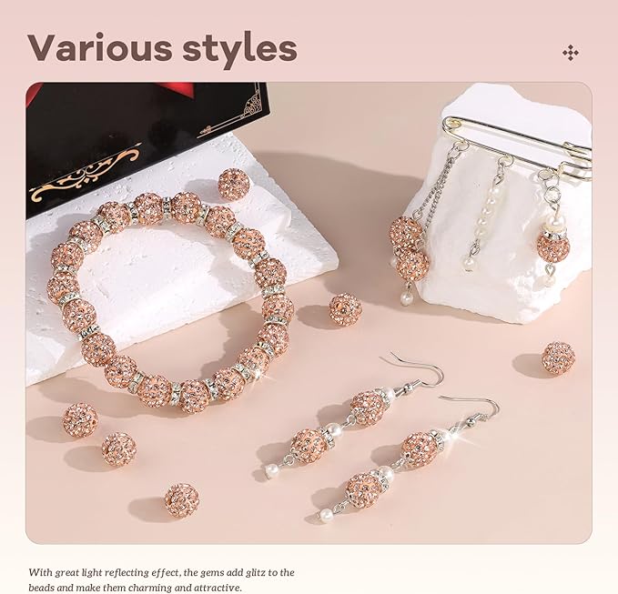 105pcs 10mm rhinestone beads for jewelry making, light peach shiny round disco ball beads bulk, sparkle crystal clay christmas for bracelet baseball necklace earring crafting and diy