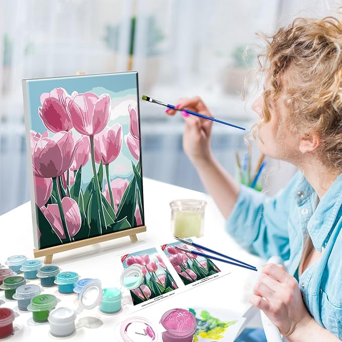 ATDMS Paint by Numbers Kit for Adults with Frame DIY Flowers Paint by Number with Easel Tulips Acrylic Oil Painting Kits for Wall Hanging Home Room Decor 7.87x11.81 Inch