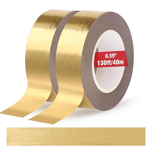 2 Rolls Gold Washi Tape 0.59In × 130Ft (Total 40m) Low Tack Solid Foil Gold Tape, Shiny Metallic Decorative Tape for Wall Mirror Decor Crafts Christmas Gift Wrapping